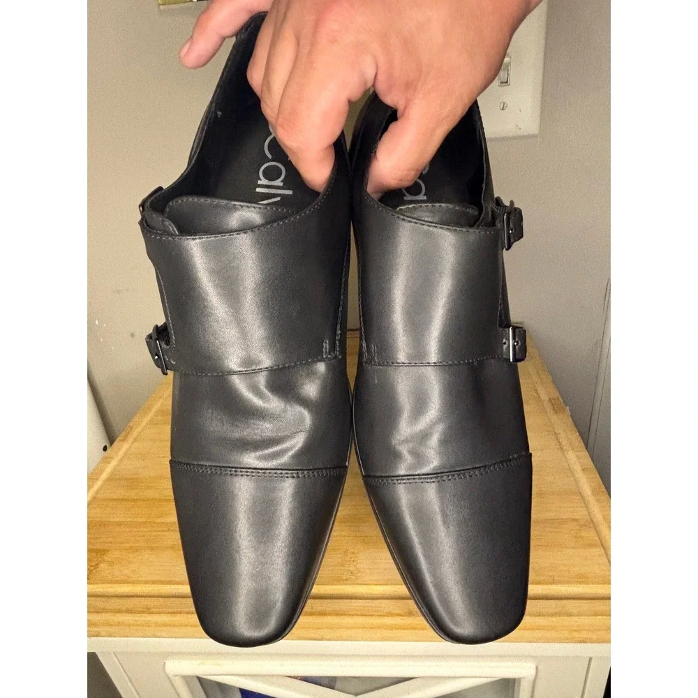 Calvin Klein Men Black Leather Allman Double Monk Strap Dress Shoes 10.5